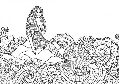 Taş ve yetişkin kitap sayfa boyama dalga güzel okyanus üzerinde oturan güzel deniz kızı. Vektör çizim