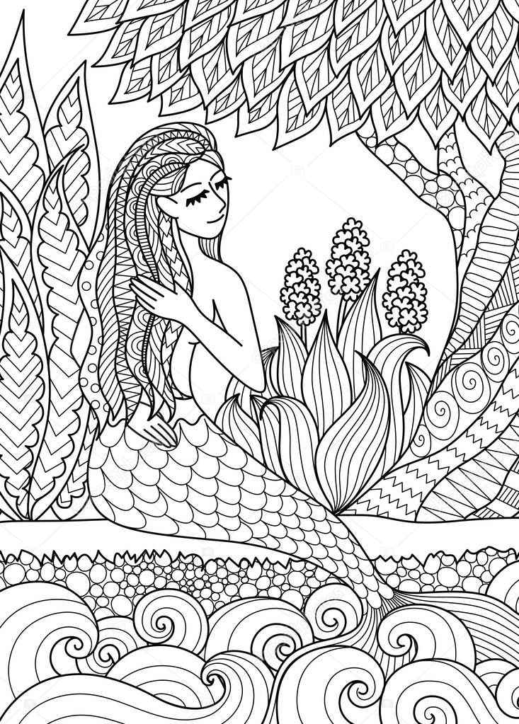 Pretty mermaid  sitting by the river arrange her hair, design for adult coloring book page. Vector illustration.