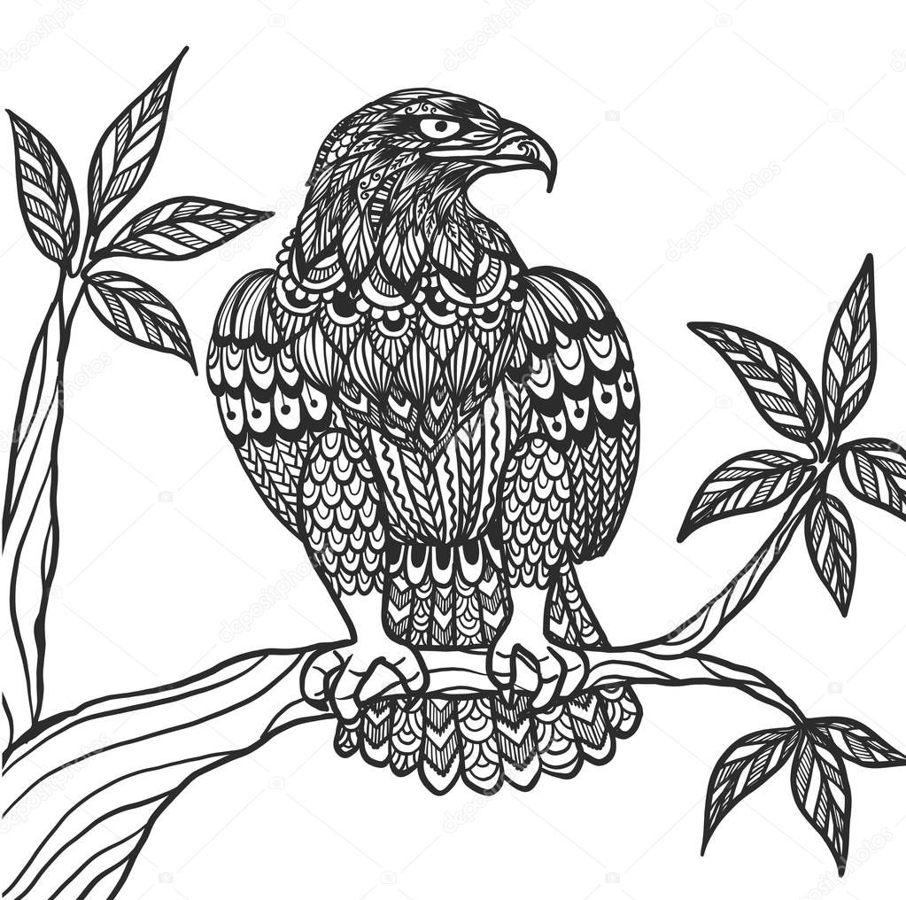 Hand drawn tribal eagle sitting on tree branch 