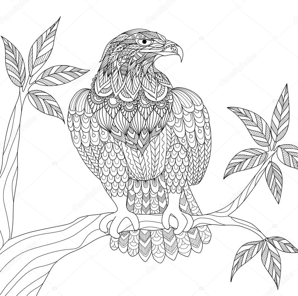 Hand drawn tribal eagle sitting on tree branch for adult coloring book page. Vector illustration.