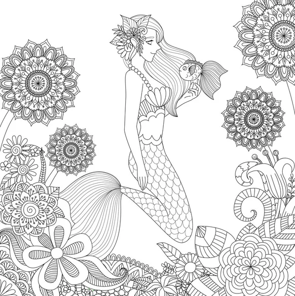 Schöne Meerjungfrau spielt mit niedlichen Fischen für Erwachsene Malbuch Seite. Vektorillustration — Stockvektor