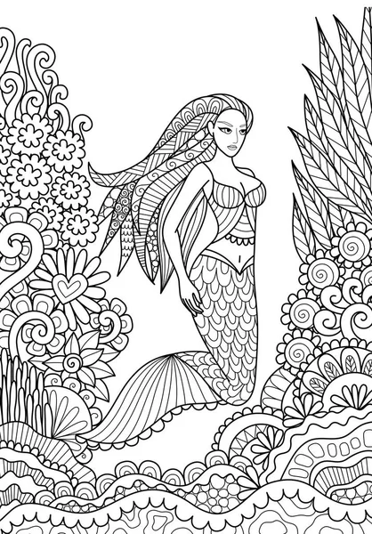 Pretty mermaid swimming in the ocean for adult coloring book page. Vector illustration. — Stock Vector