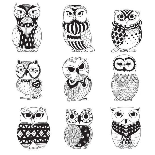 Set of cute owls for design element and adult or kids coloring book page. Vector illustration. — Stock Vector
