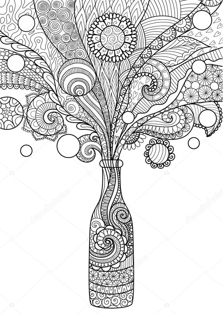 Zendoodle design of beer bottle for design element and adult or kids coloring book page. Vector illustration