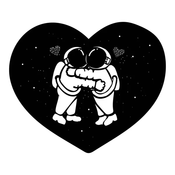 Ručně tažené astronaut pár objímat v prostoru s hvězdami tvar srdce tvaru t tričko design, designový prvek a svatební přání. — Stockový vektor
