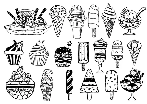 Set de helados dibujados a mano aislados sobre fondo blanco. Ilustración vectorial — Archivo Imágenes Vectoriales