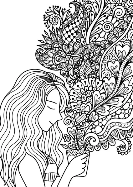 Pretty girl huele el humo del café floral para el elemento de diseño y páginas de libros para colorear para adultos o niños. Ilustración vectorial . — Vector de stock