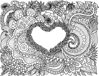 Line art design of beautiful abstract flowers scroll in hearted shape for valinetines card, wedding invitation and adult coloring book page. Vector illustration. clipart