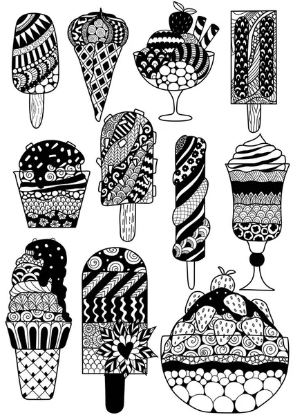 Big set of zendoodle design of ice cream for design element, adult or kids coloring book page. Vector illustration. — Stock Vector