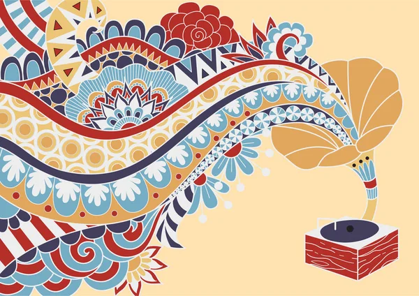 Gramáfono colorido con onda de música floral para elemento de diseño. Ilustración vectorial — Vector de stock