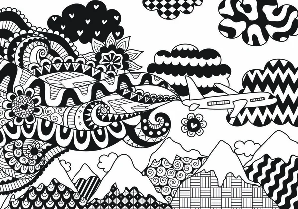 Zendoodle avião abstrato voando sobre a bela montanha para banner, páginas de livros de colorir adulto e elemento de design. Vetor de ações — Vetor de Stock