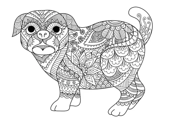 Design de arte de linha de cão pug bonito para elemento de design, t-shirt design e página de livro de colorir adulto. Ilustração vetorial — Vetor de Stock