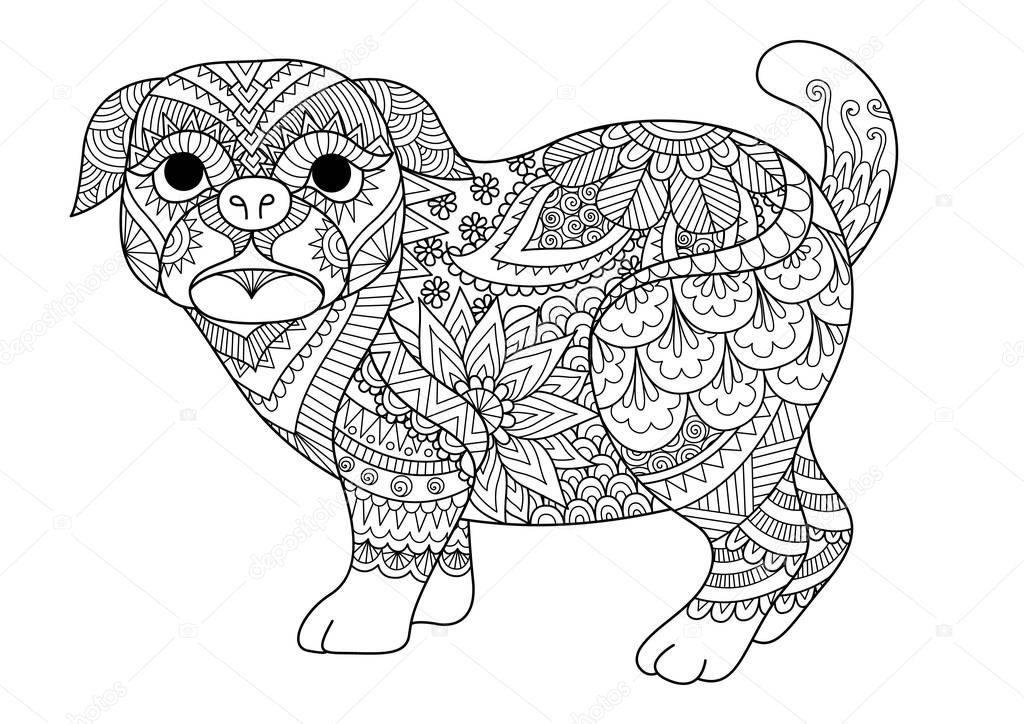 Line art design of cute pug dog for design element,t shirt design and adult coloring book page. Vector illustration
