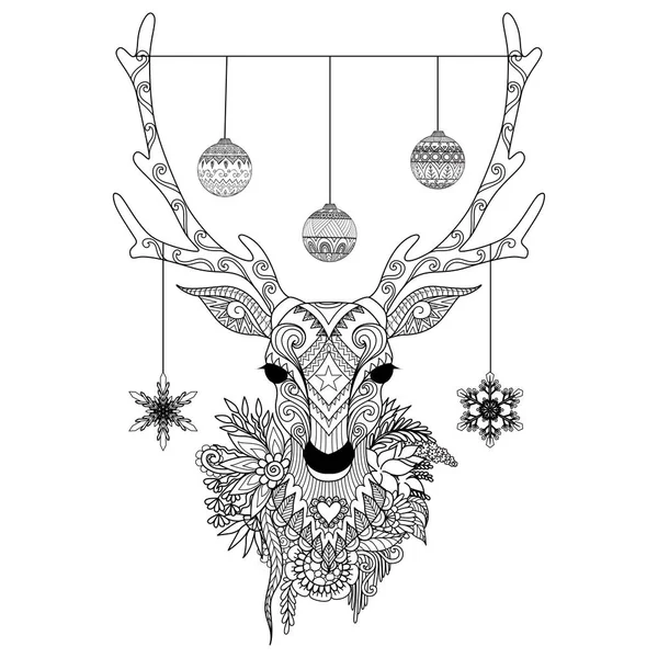 Linka výtvarné vánoční Jelení hlavy s decortative míčky a sněhové vločky a květiny. Vektorové ilustrace — Stockový vektor