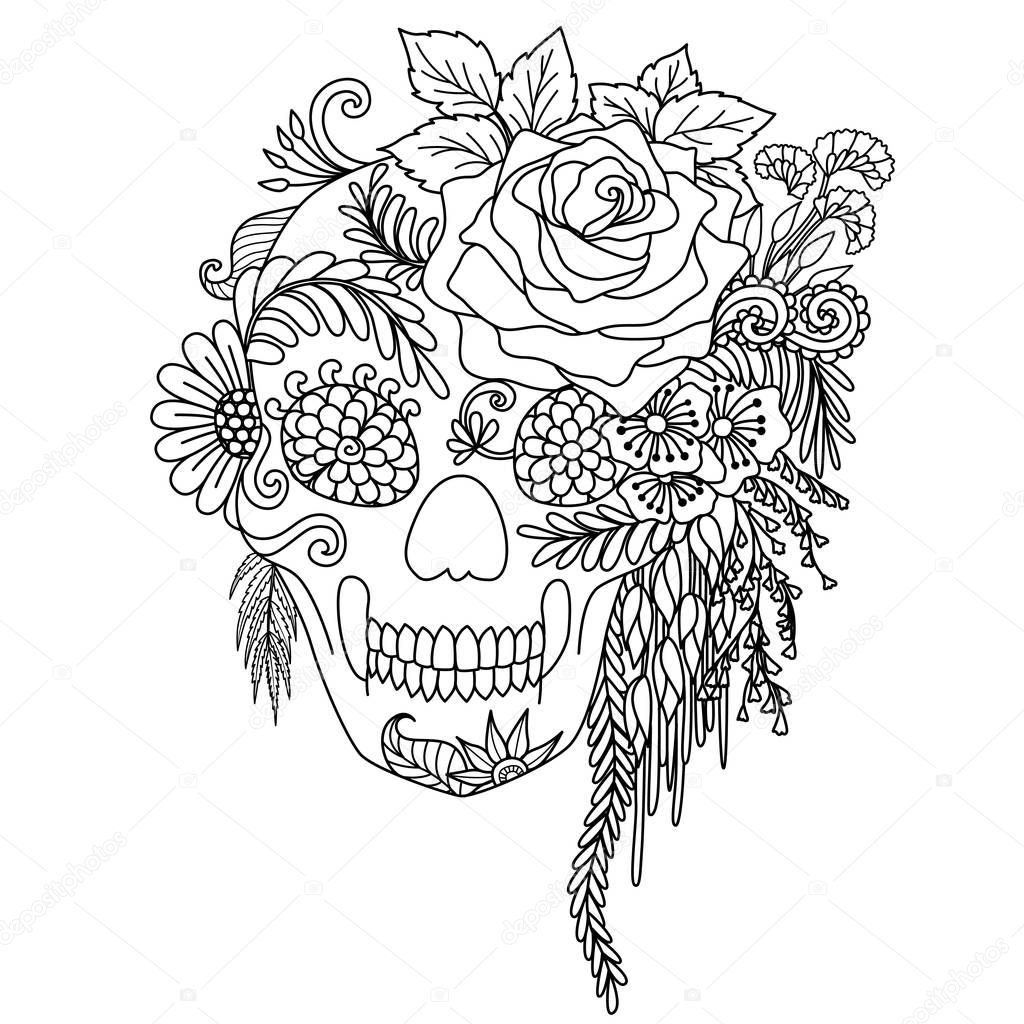 Line art design of flowers with human skull for adult coloring book page and other design element.