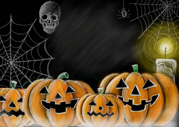 Zeichnung Halloween-Kürbis, Spinnweben, Spinnen, Totenkopf und Kerzen Kreidetafel Stil — Stockfoto
