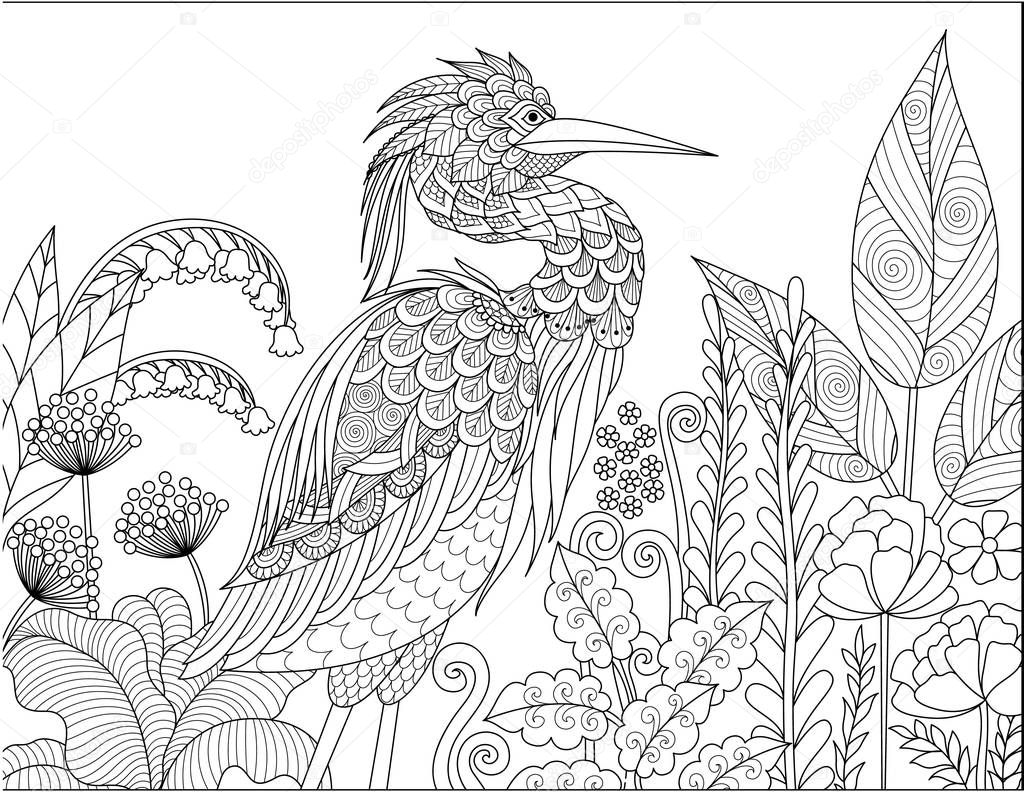 Gray Heron bird in the forest for adult coloring book page. Vector illustration
