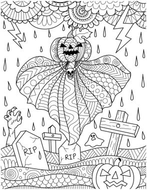 Kabak hayalet mezarlık gök gürültüsü fırtına yağmur kartı ile yukarıda uçan, poster ve yetişkin renklendirme sayfa rezervasyon yaptırın. Vektör çizim