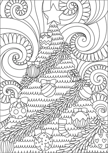 Zeilenkunst Design von Sturm scrollen und Weihnachtsbaum für Print-Design und Erwachsene Malbuch Seite. Vektorillustration — Stockvektor