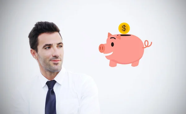 Zufriedene Unternehmer haben darüber nachgedacht, wie man auf weißem Hintergrund isoliert Geld sparen kann. Archivbild — Stockfoto