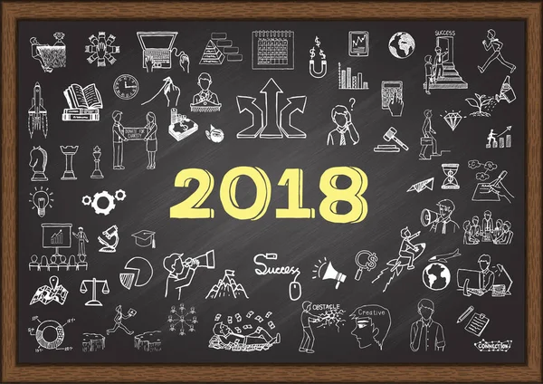 Iconos de negocios dibujados a mano sobre el plan de negocio para el año 2018 en pizarra.Ilustración vectorial — Archivo Imágenes Vectoriales