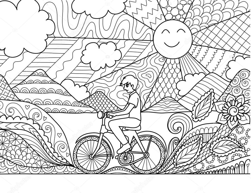 Young man riding bicycle happily in beautiful nature for adult coloring book page and other design element. Vector illustration