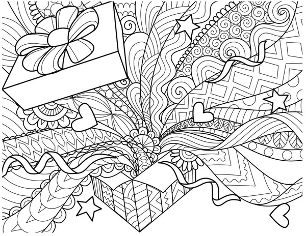 Line art design of openned gift box with confetti spread out of the box for design element and adult coloring book page. Vector illustration. — Stock Vector