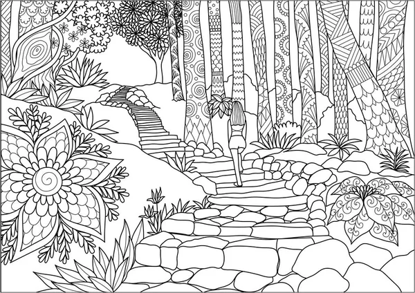 Conception d'art de ligne de fille monter les escaliers dans la jungle pour la page de livre à colorier et illustration.Stock Vector — Image vectorielle