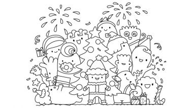 Satırları sanat tasarım Noel partisi, tasarım çizim ve boyama kitabı sayfası kids sevimli canavarlar.