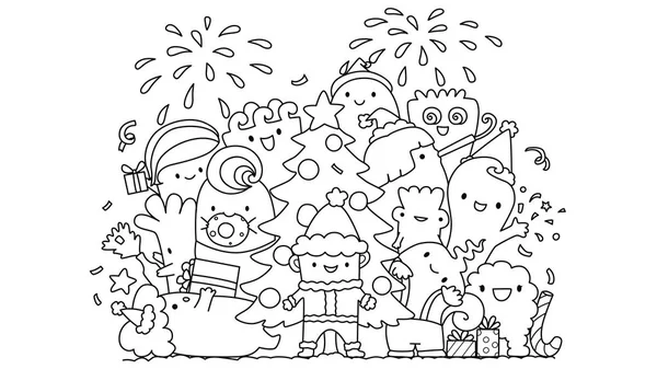 Linhas de design de arte de monstros bonitos na festa de Natal, design para ilustração e crianças colorir página do livro . — Vetor de Stock