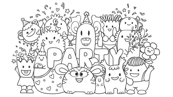 Aranyos szörnyek, a párt a design elem, és a gyerekek színező oldal könyv — Stock Vector