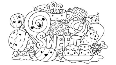 cute sweets monsters for design element and coloring book page for kids. Vector illustration clipart