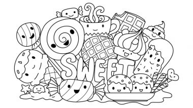 cute sweets monsters for design element and coloring book page for kids. Vector illustration clipart