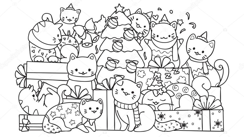 Cute cats with gift boxes and Christmas tree for design element and coloring book page for kids. Vector illustration