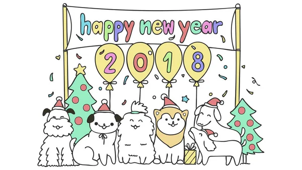 A group of happy dog puppies in the party happy new year 2018 for design element, — Stock Vector