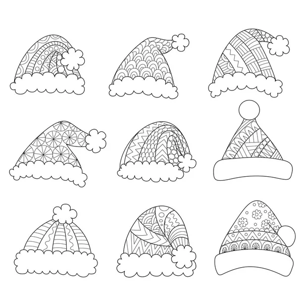 Diseño Arte Línea Conjunto Sombreros Santa Aislados Sobre Fondo Blanco — Vector de stock