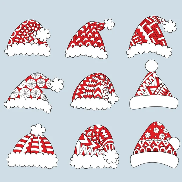 Ensemble Chapeaux Santa Rouges Isolés Sur Fond Blanc Pour Élément — Image vectorielle