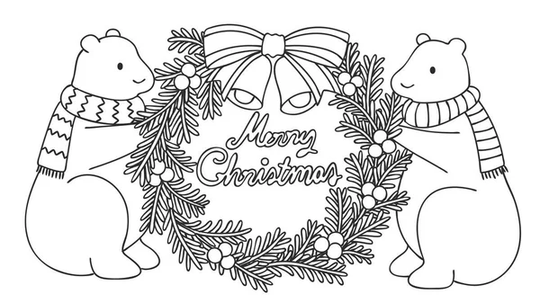 Cute Polar Bears Holding Christmas Wreath Hand Drawn Typo Merry — Stock Vector