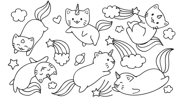 Симпатичные Кошки Единороги Летающие Звездами Облаками Элемента Дизайна Страницы Раскраской — стоковый вектор