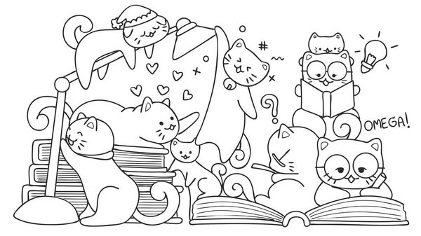 Hand drawn cute cats reading for design element and coloring book page for kids. Vector illustration