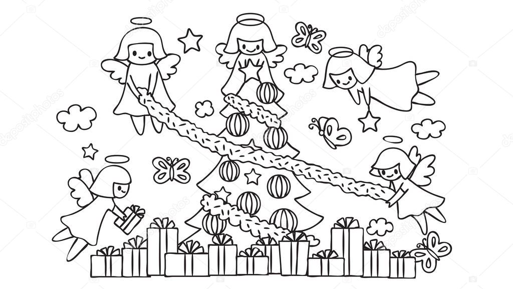 Cute angels flying help each other decorate the Christmas tree, for design element and coloring book page for kids. Vector illustration