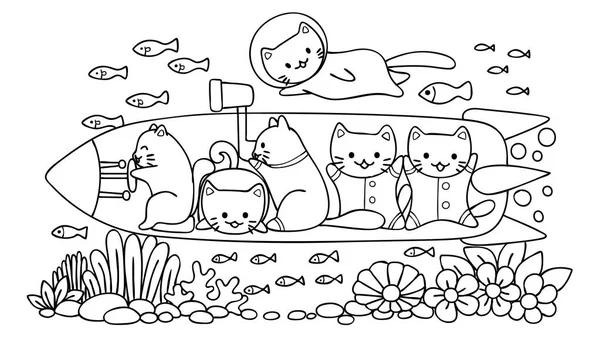 Handgezeichnete Niedliche Katzen Vermessung Der Unterwasserwelt Boot Für Gestaltungselement Und — Stockvektor