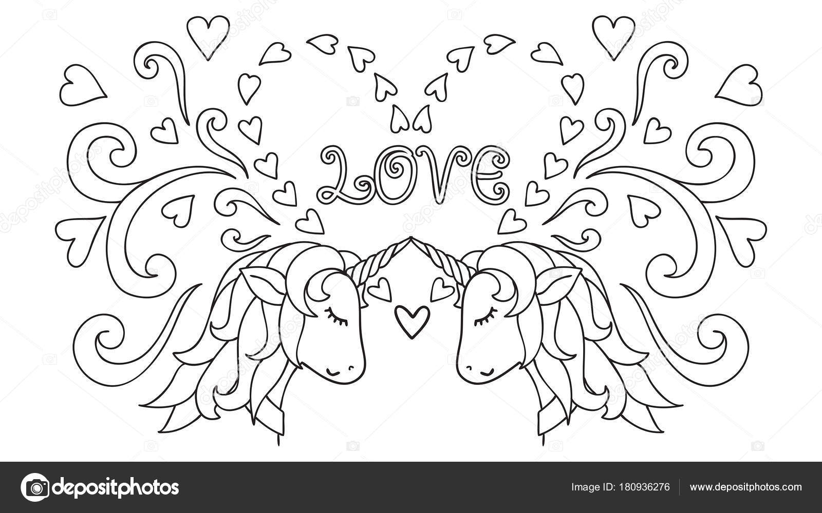 Animale magico Grafica vettoriale Bianco e nero Libro da colorare per adulti e bambini Scheda felice di giorno di San Valentino