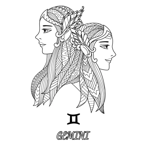 Projeto da arte da linha do signo do zodíaco de Gemini para o elemento do projeto e a página adulta do livro da coloração. —  Vetores de Stock