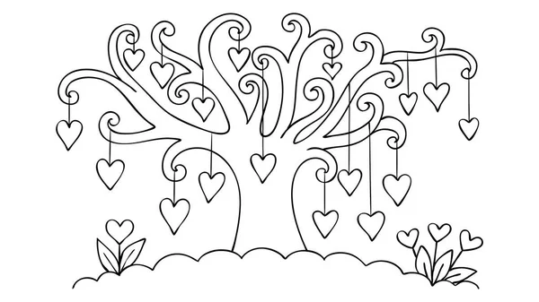 Hand Drawn Hearts Hanging Tree Design Valentine Wedding Card Coloring — Stock Vector
