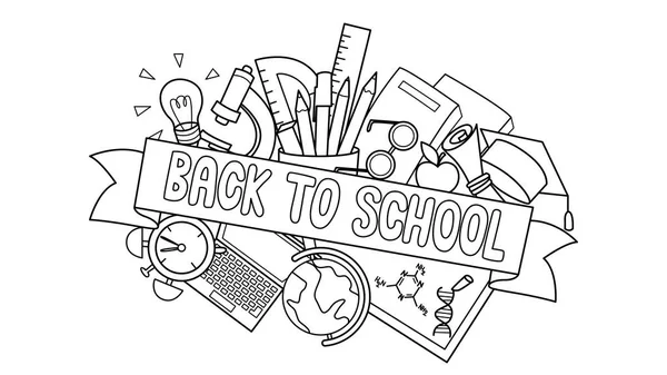 Doodle Student Supplies Back School Label Front Design Element Coloring — Vector de stock