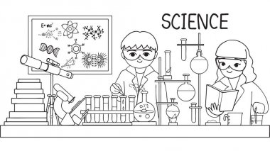 Hand drawn cute kids doing test in laboratory for design element and coloring book page for kids. Vector illustration clipart