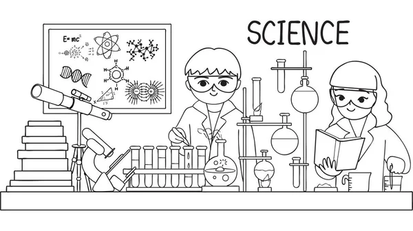 Enfants Mignons Dessinés Main Faisant Des Tests Laboratoire Pour Élément — Image vectorielle