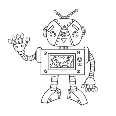 El çekilmiş şirin robot tasarım öğesi ve hem çocuklar hem de yetişkinler için kitap sayfa boyama için. Vektör çizim