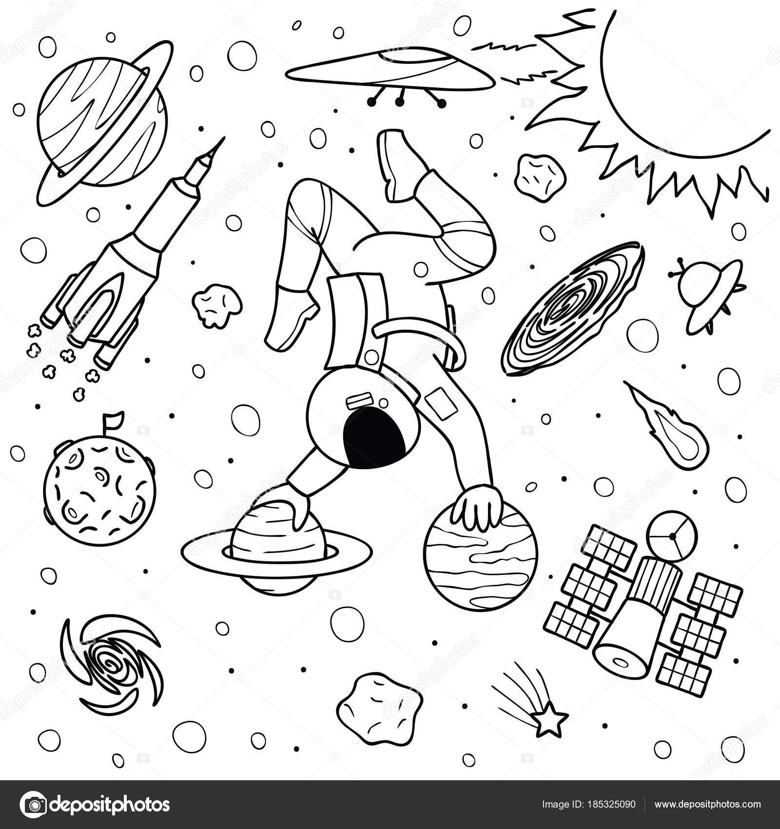 Astronauta divertente che fa yoga sulla pro tazione dello spazio planetsin per stampa illustrazione e libro pagina da colorare per bambini e adulti